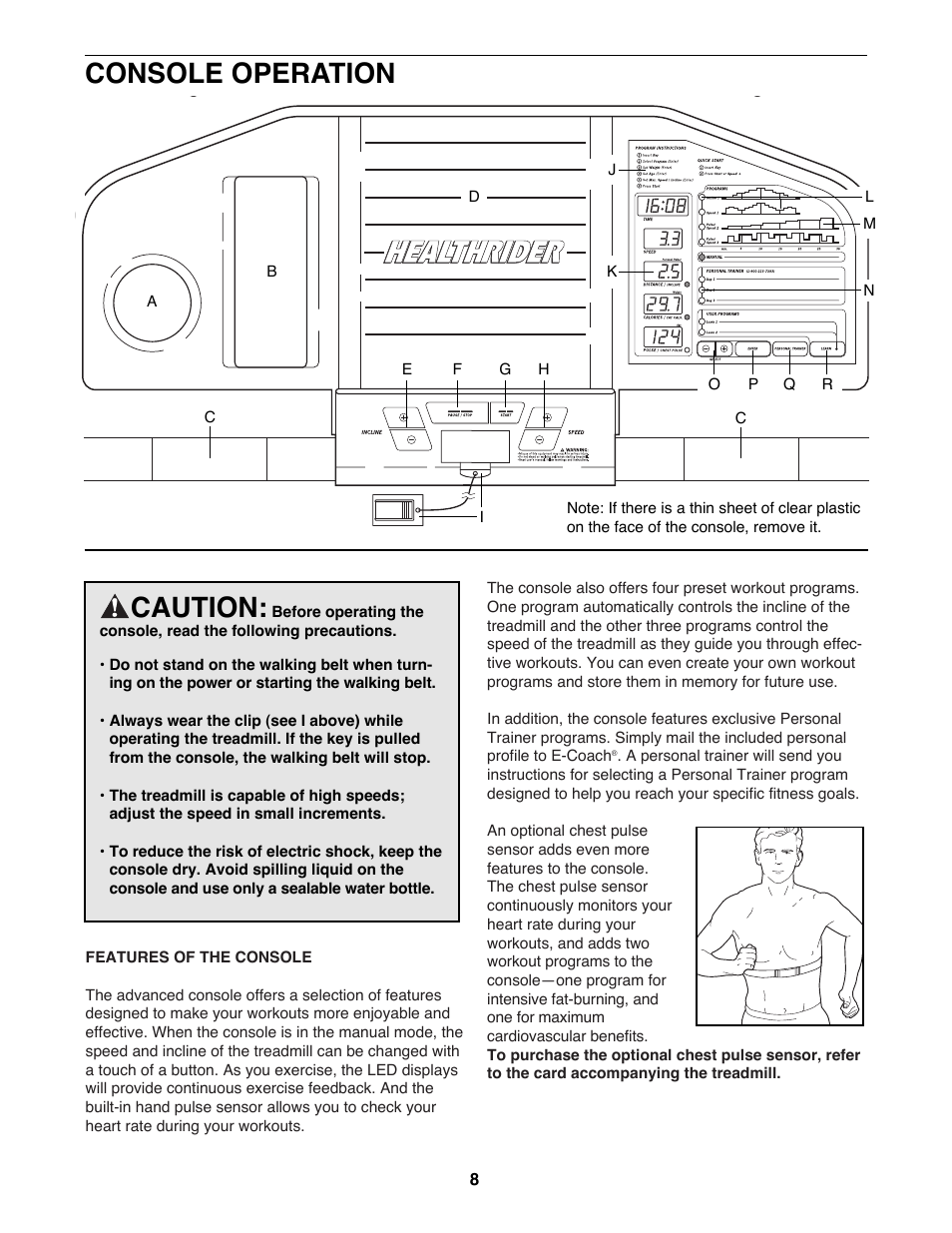 Console operation, Caution | Healthrider 831.297870 User Manual | Page 8 / 22
