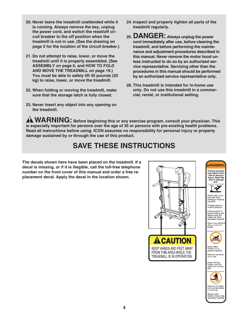 Danger, Warning, Save these instructions | Healthrider PRO H750i Treadmill HRTL91706.0 User Manual | Page 4 / 28