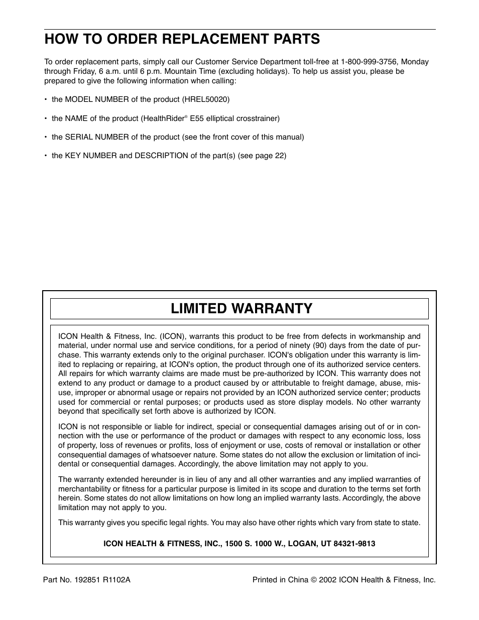 How to order replacement parts, Limited warranty | Healthrider HREL50020 User Manual | Page 24 / 24