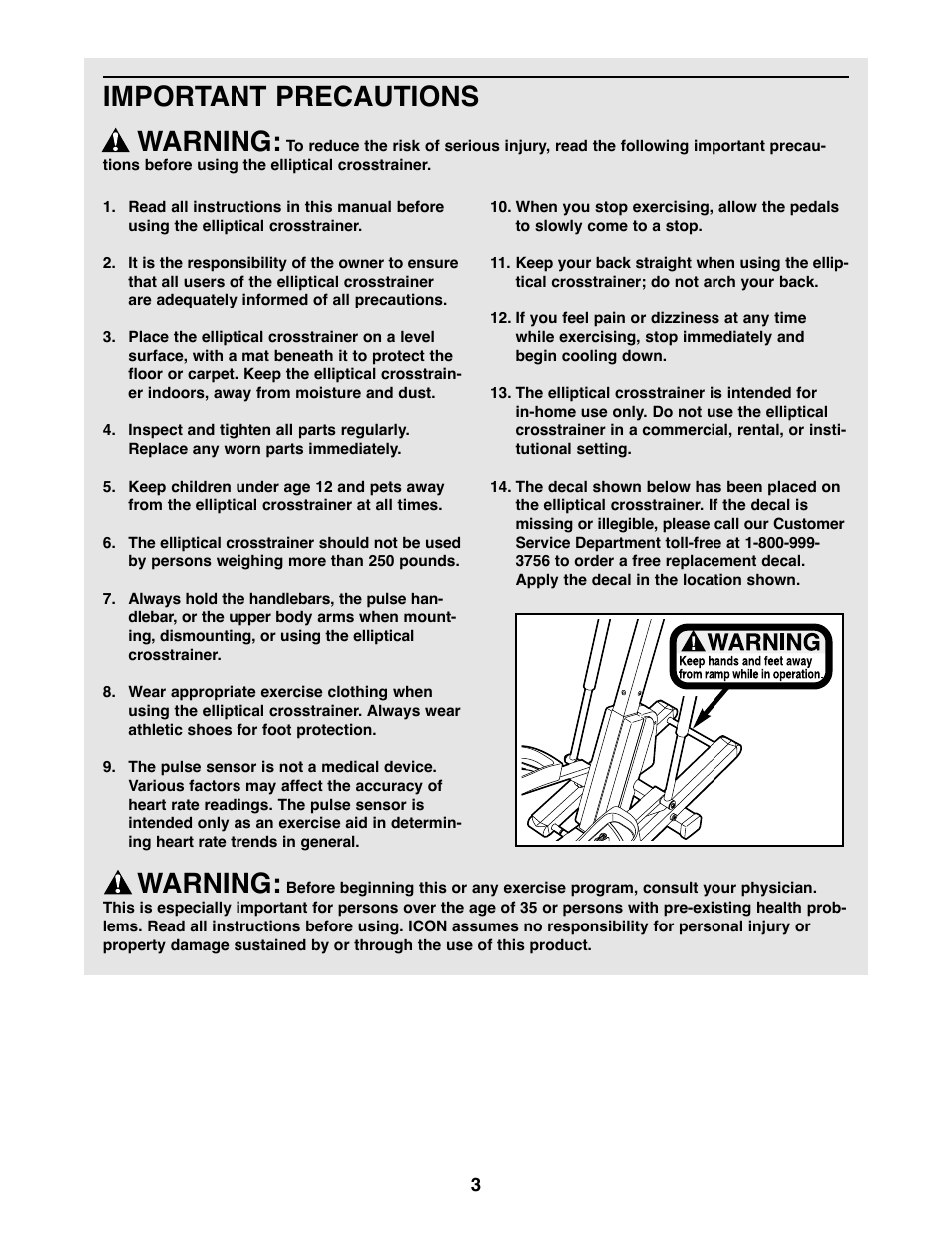 Important precautions warning, Warning | Healthrider HREL50020 User Manual | Page 3 / 24