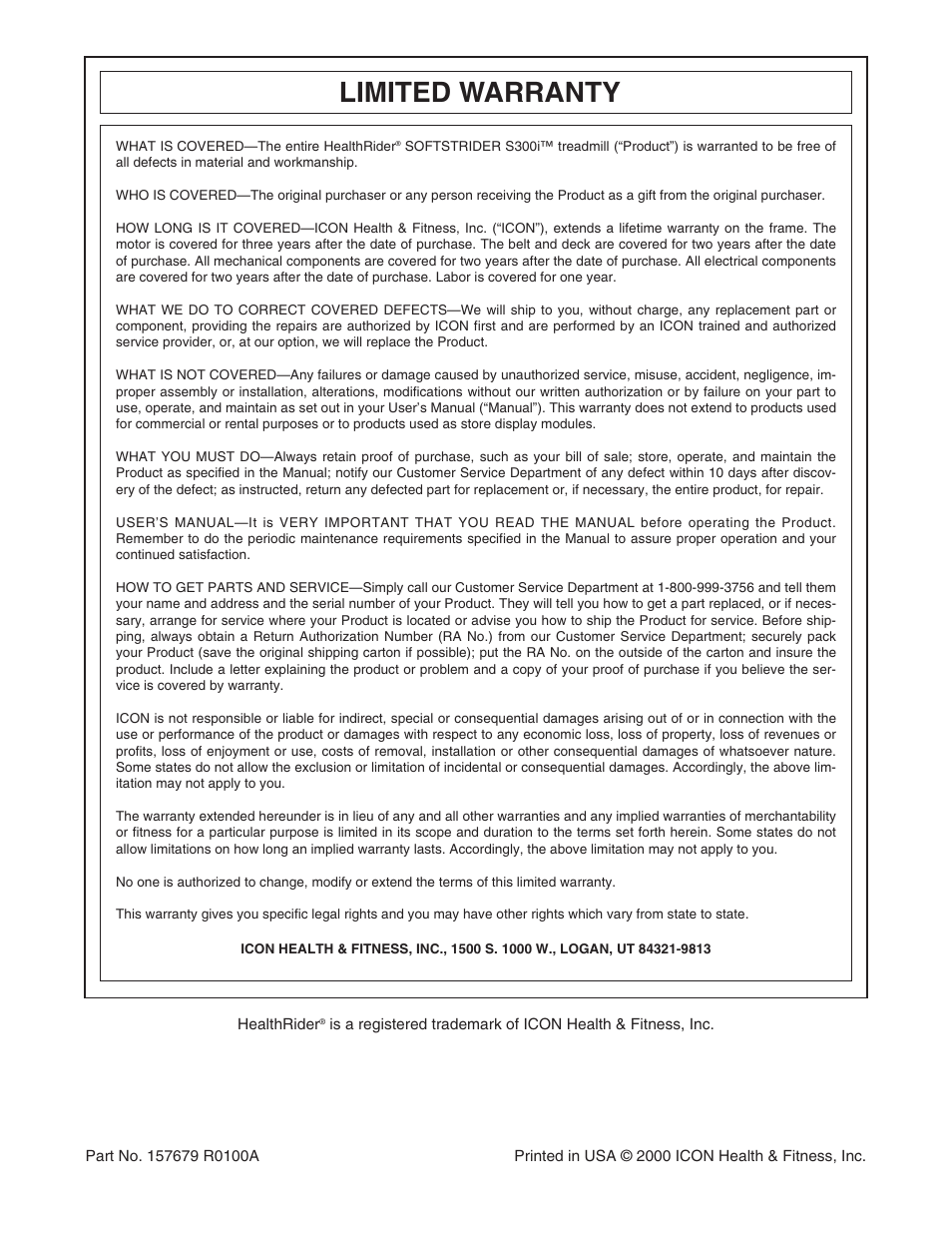 Limited warranty | Healthrider HRTL09990 User Manual | Page 30 / 30