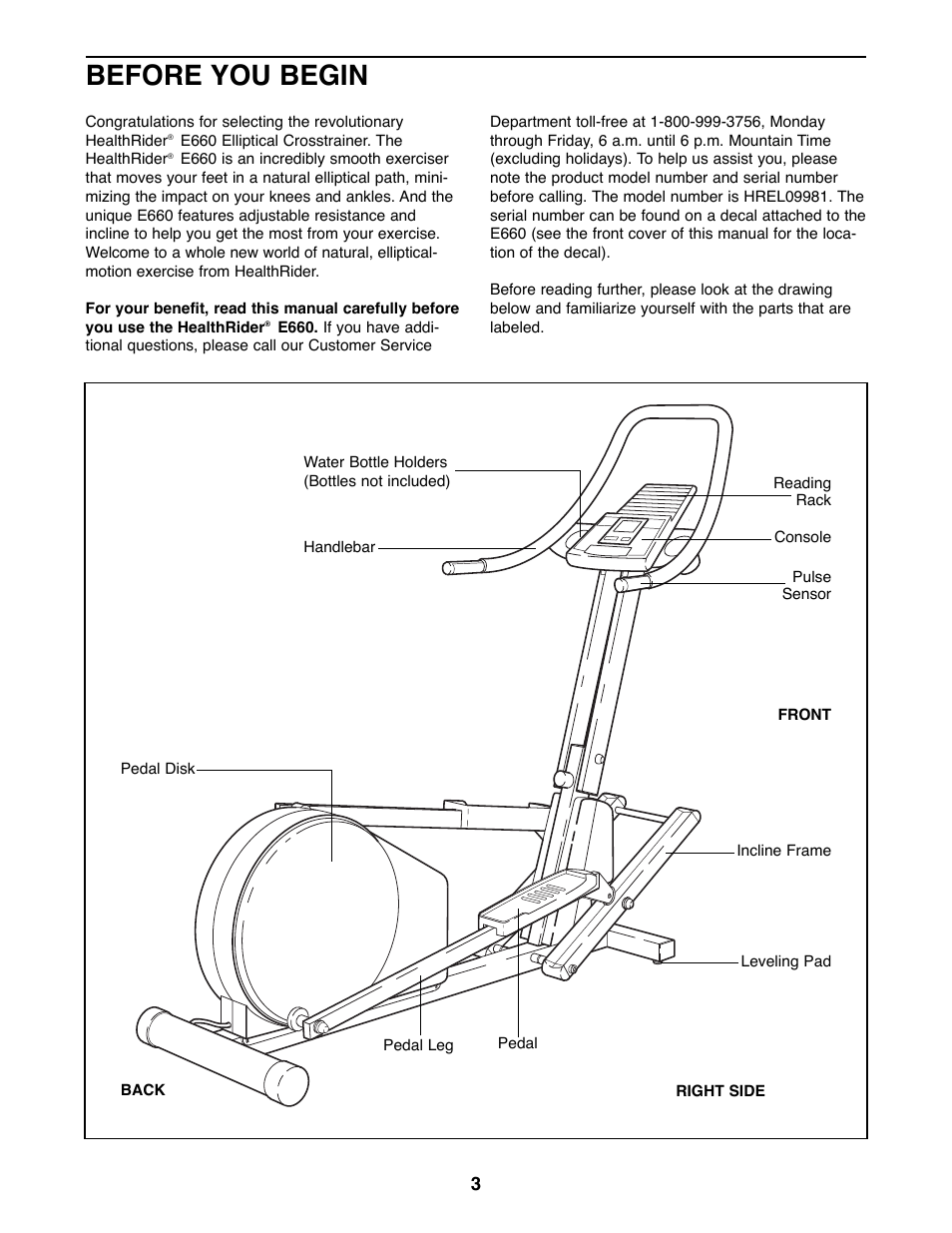 Before you begin | Healthrider E660 User Manual | Page 3 / 16