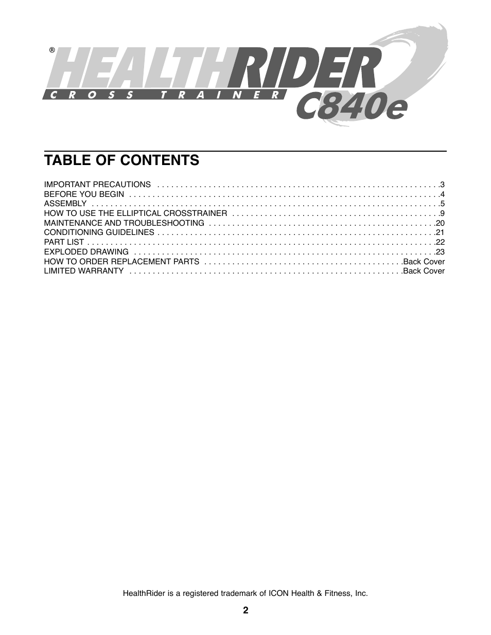 Healthrider C840e HRE59020 User Manual | Page 2 / 24