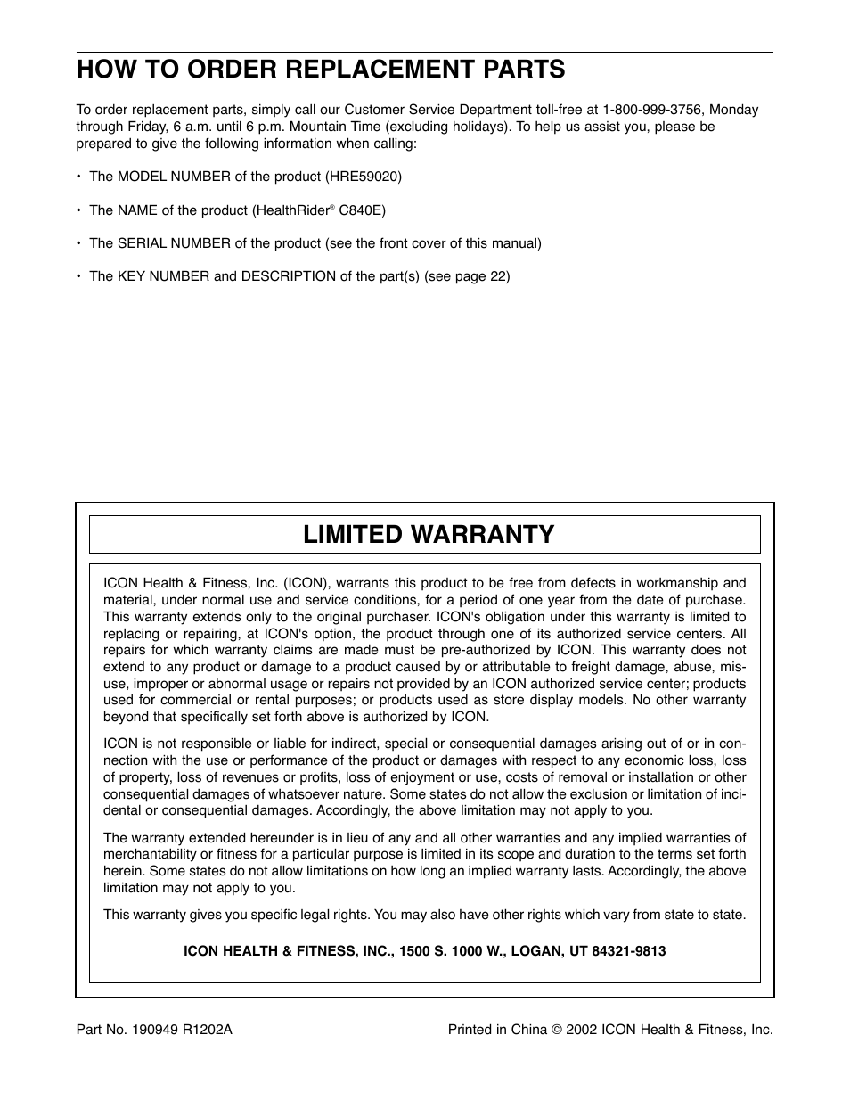 How to order replacement parts, Limited warranty | Healthrider C840e HRE59020 User Manual | Page 24 / 24