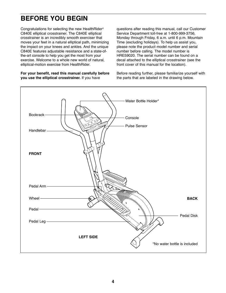 Before you begin | Healthrider C840e HRE59020 User Manual | Page 4 / 24