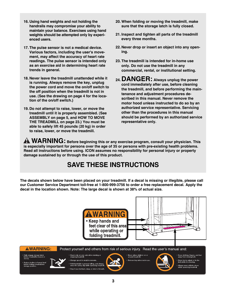 Danger, Warning, Save these instructions | Healthrider HRTL16992 User Manual | Page 3 / 34