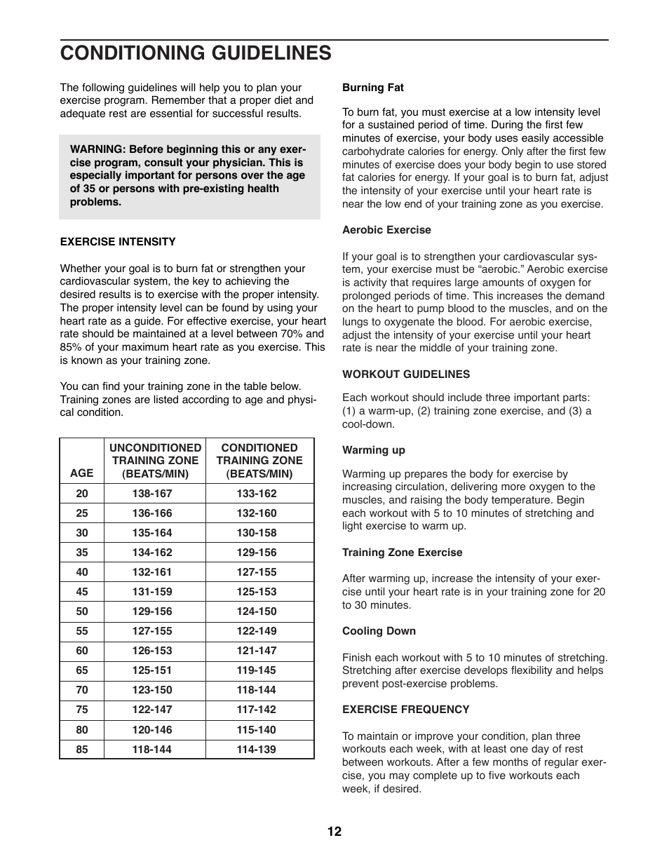 Conditioning guidelines | Healthrider E330 HREL05982 User Manual | Page 12 / 16