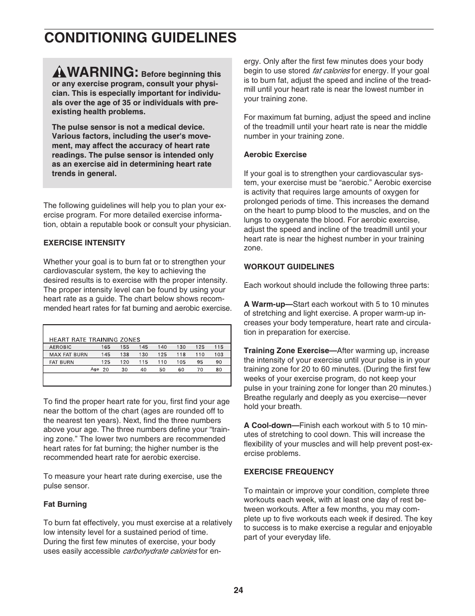 Conditioning guidelines, Warning | Healthrider HRTL39305.0 User Manual | Page 24 / 30