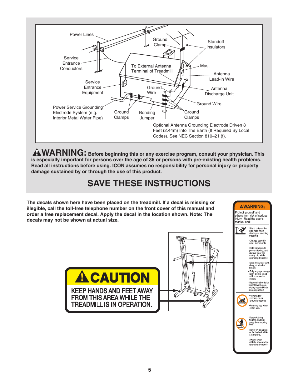 Warning, Save these instructions | Healthrider HRTL89406.0 User Manual | Page 5 / 36