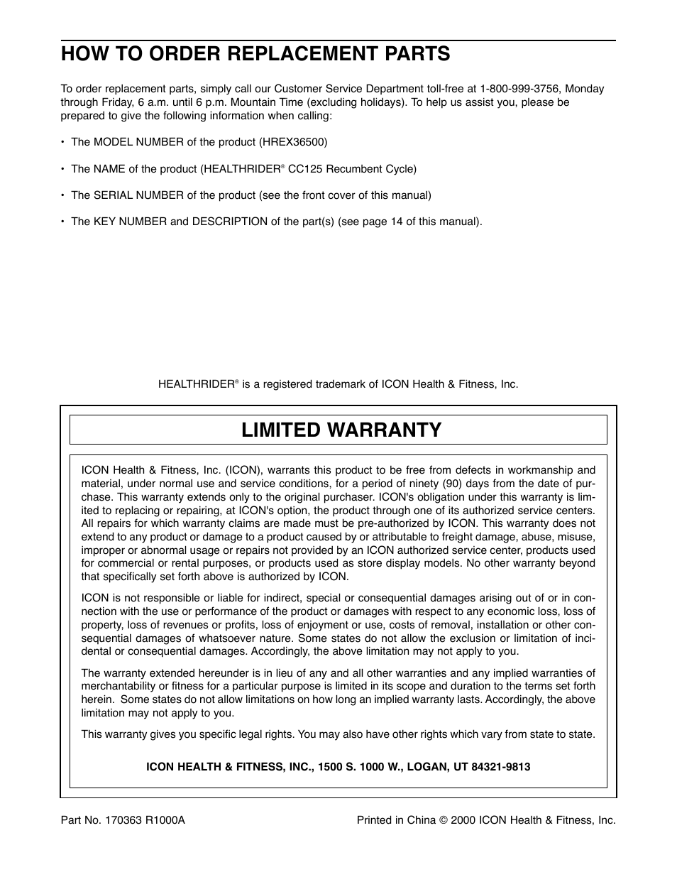 How to order replacement parts, Limited warranty | Healthrider HREX36500 User Manual | Page 16 / 16