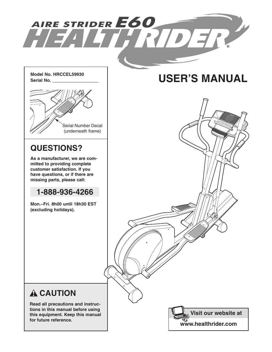 Healthrider AIRE STRIDER E60 HRCCEL59930 User Manual | 28 pages