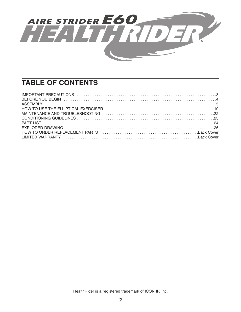 Healthrider AIRE STRIDER E60 HRCCEL59930 User Manual | Page 2 / 28