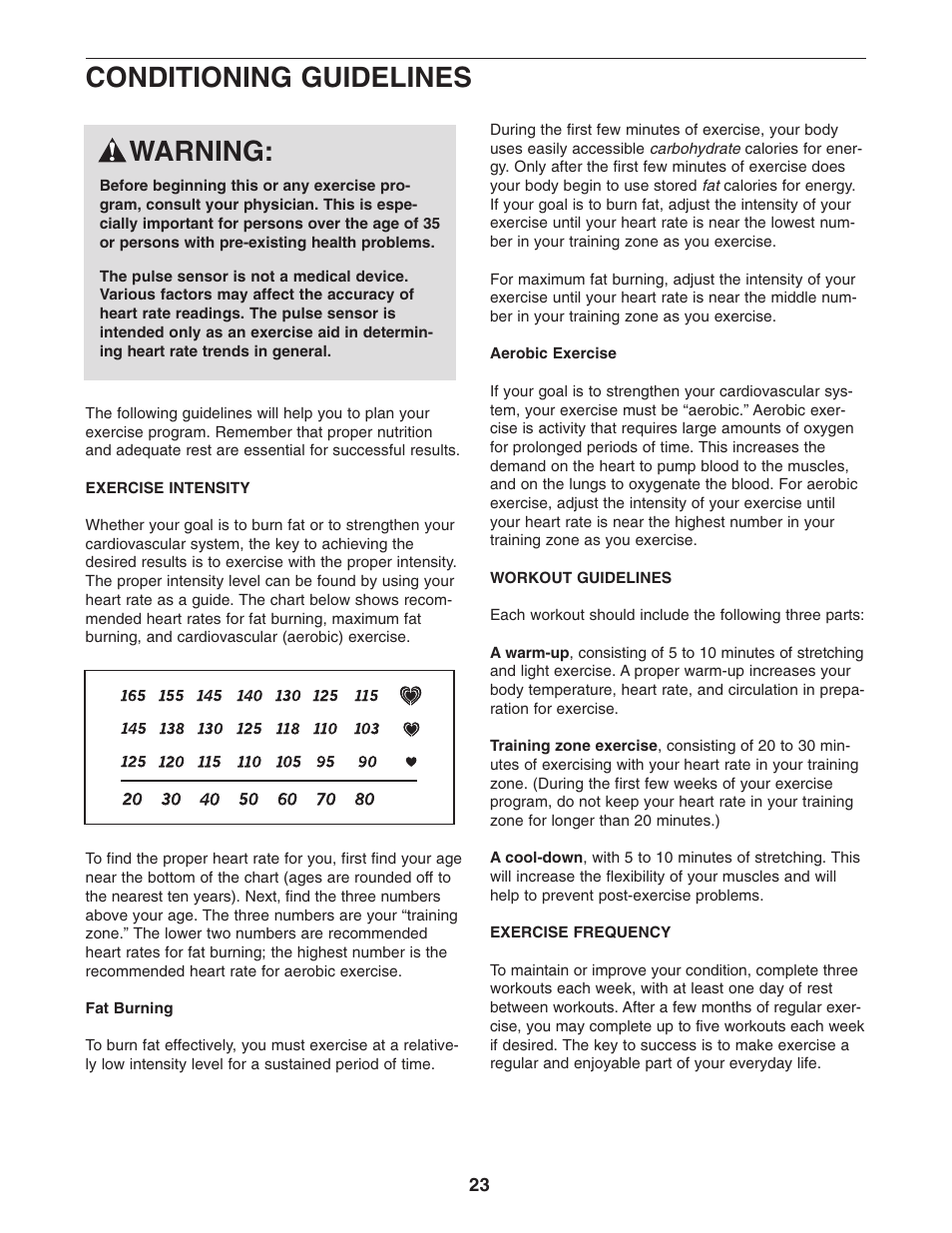 Conditioning guidelines, Warning | Healthrider AIRE STRIDER E60 HRCCEL59930 User Manual | Page 23 / 28