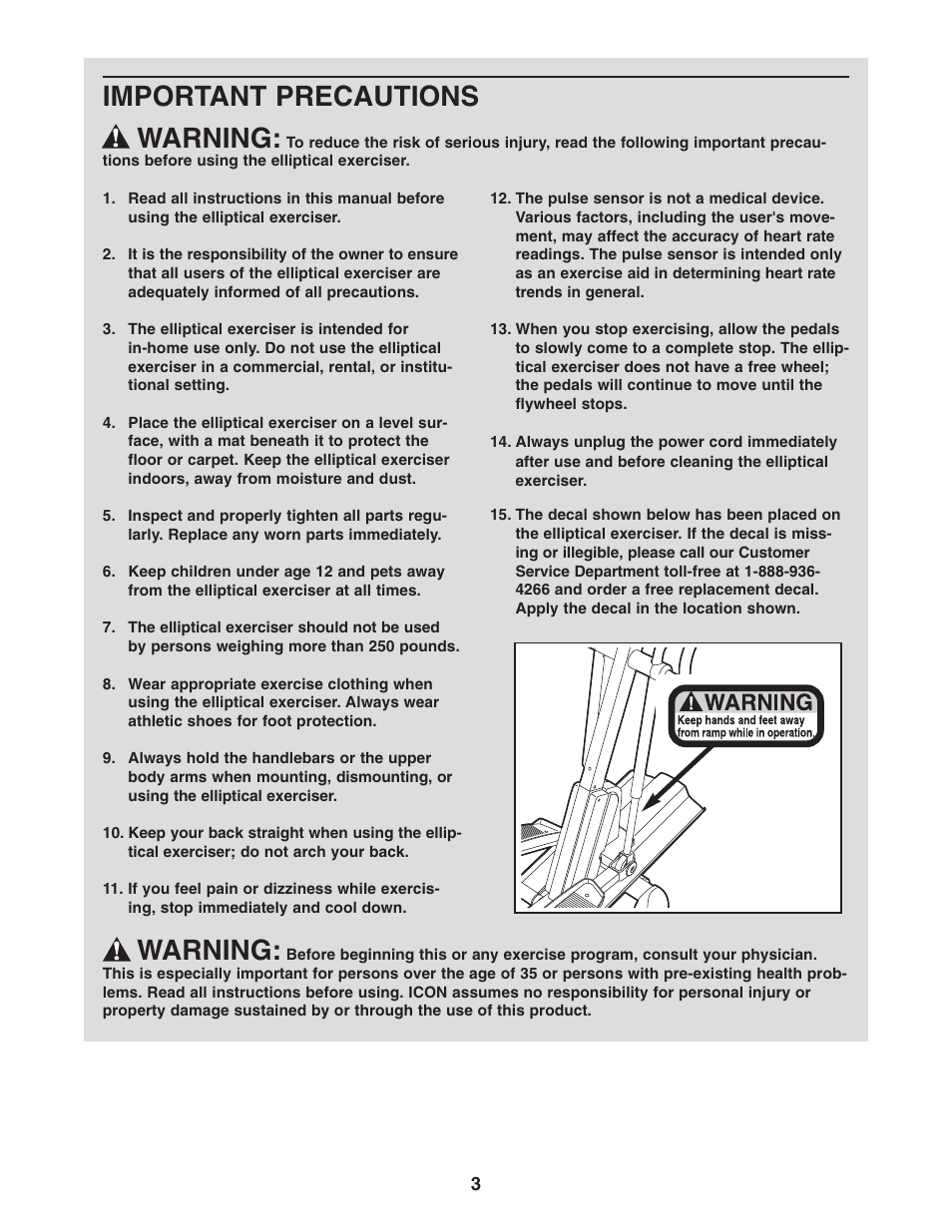 Important precautions warning, Warning | Healthrider AIRE STRIDER E60 HRCCEL59930 User Manual | Page 3 / 28