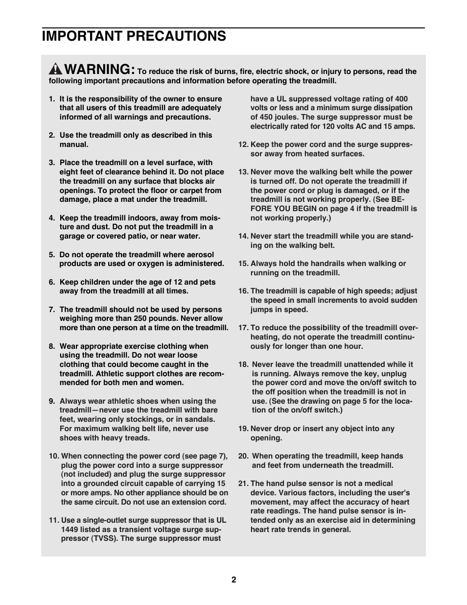 Warning, Important precautions | Healthrider SOFT STRIDER EX 831.297871 User Manual | Page 2 / 22