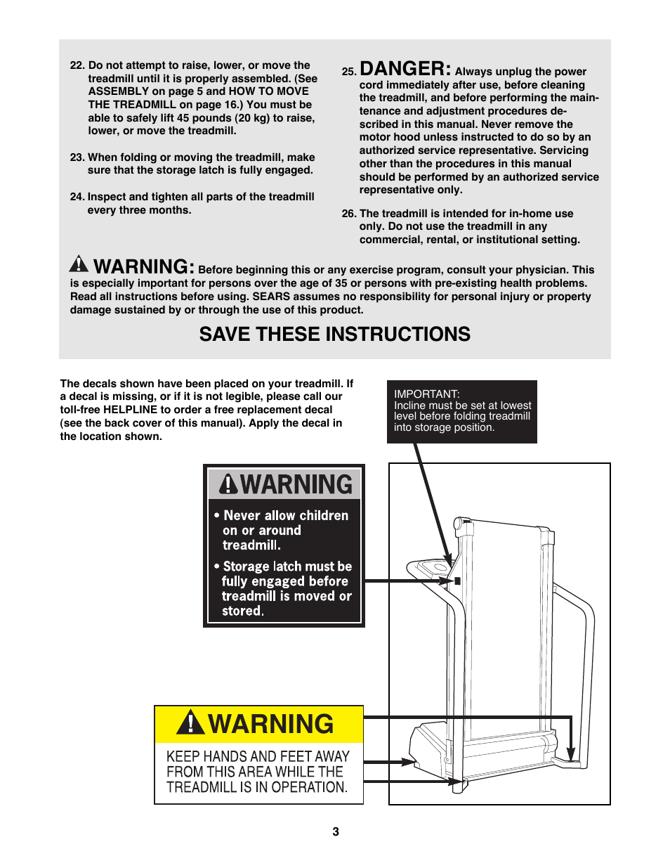 Danger, Warning, Save these instructions | Healthrider SOFT STRIDER EX 831.297871 User Manual | Page 3 / 22