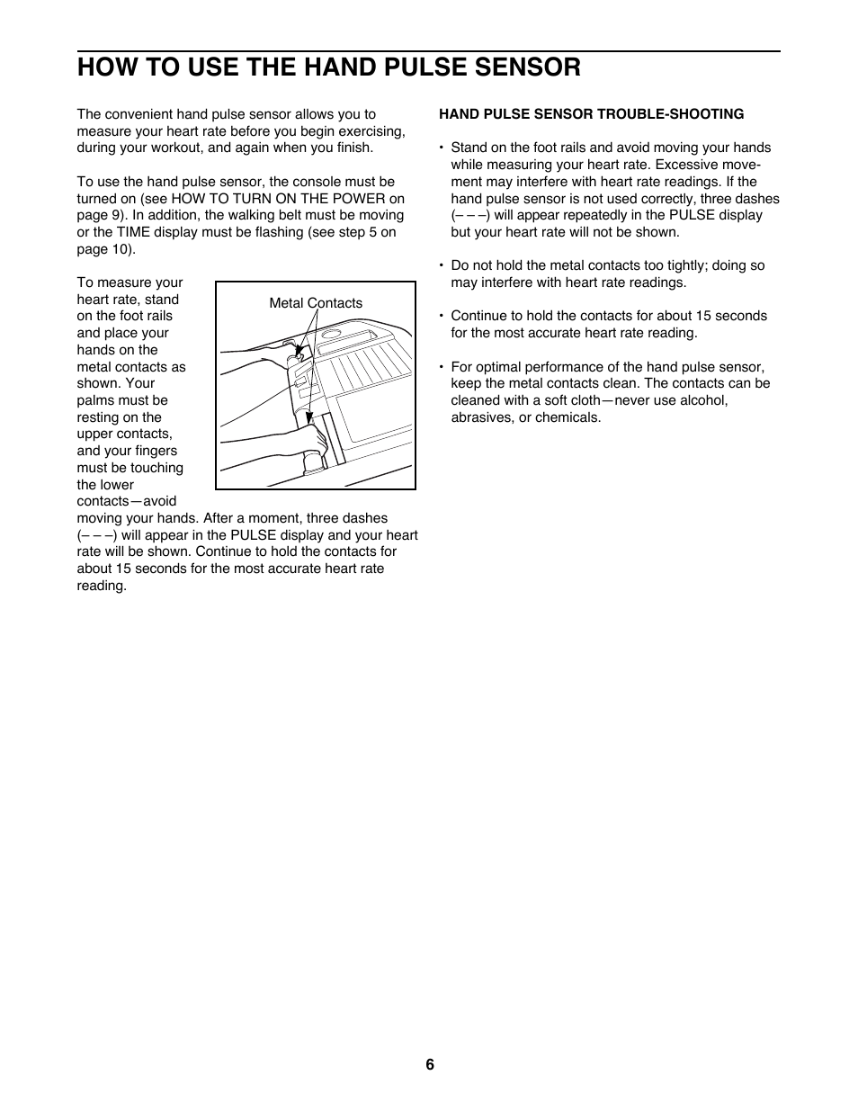 How to use the hand pulse sensor | Healthrider SOFT STRIDER EX 831.297871 User Manual | Page 6 / 22