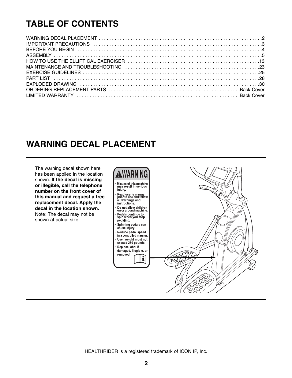 Healthrider 8.5ex Crosstrainer HREL8806.1 User Manual | Page 2 / 32