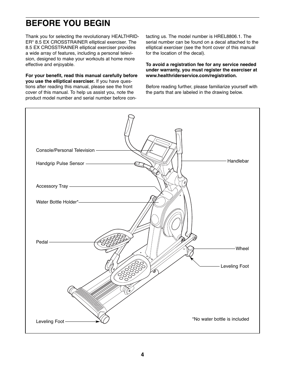 Before you begin | Healthrider 8.5ex Crosstrainer HREL8806.1 User Manual | Page 4 / 32