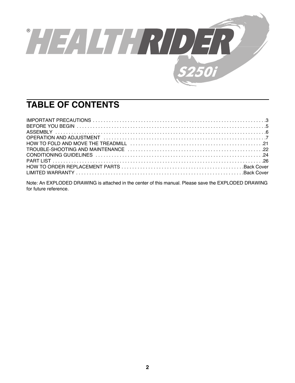 Healthrider S250i HRTL06900 User Manual | Page 2 / 30