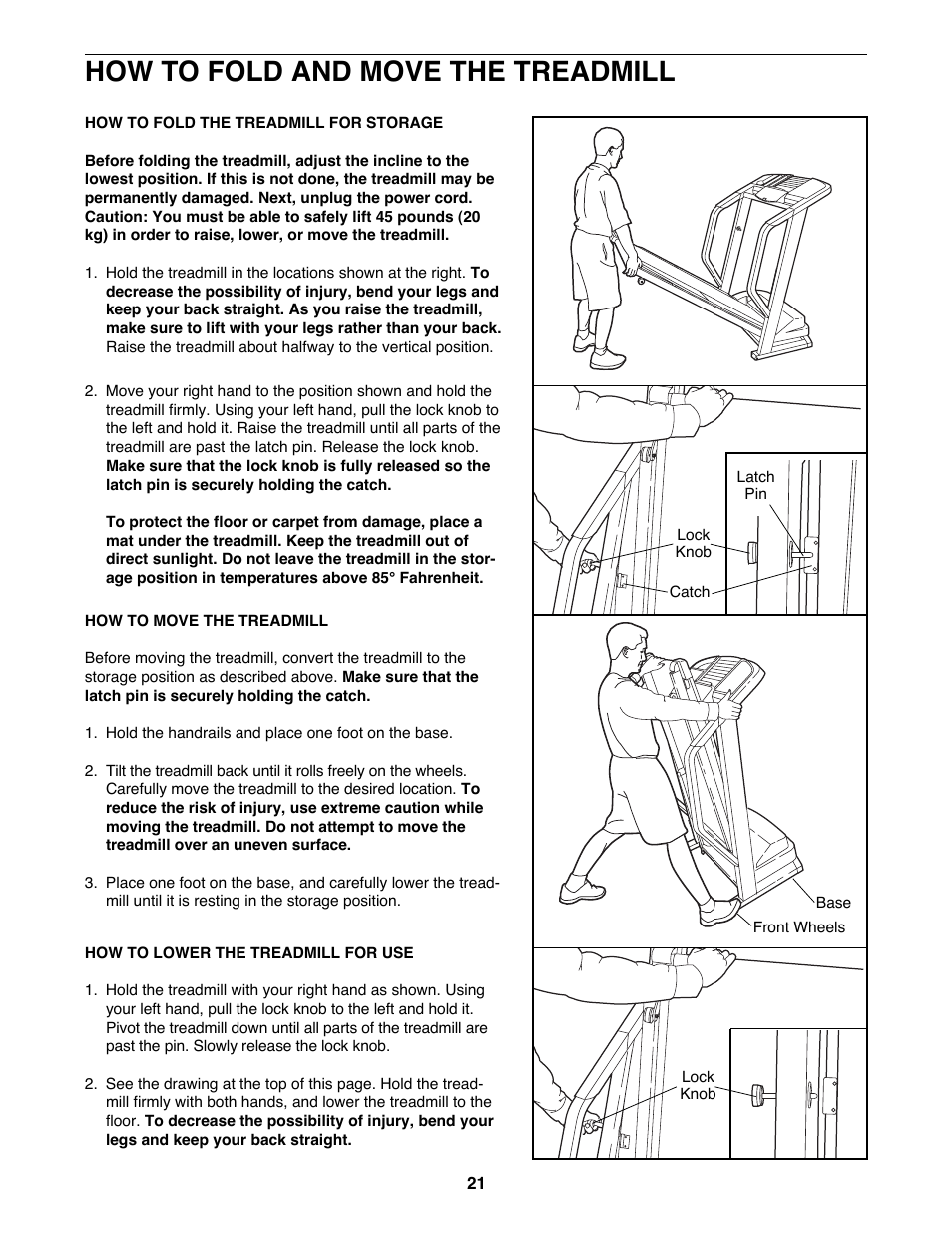 How to fold and move the treadmill | Healthrider S250i HRTL06900 User Manual | Page 21 / 30