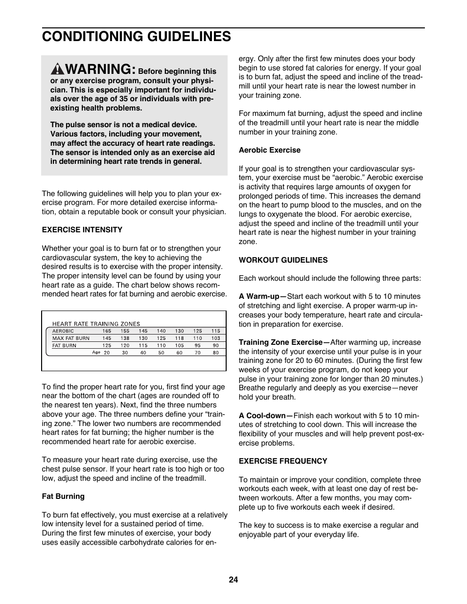 Conditioning guidelines warning | Healthrider S250i HRTL06900 User Manual | Page 24 / 30