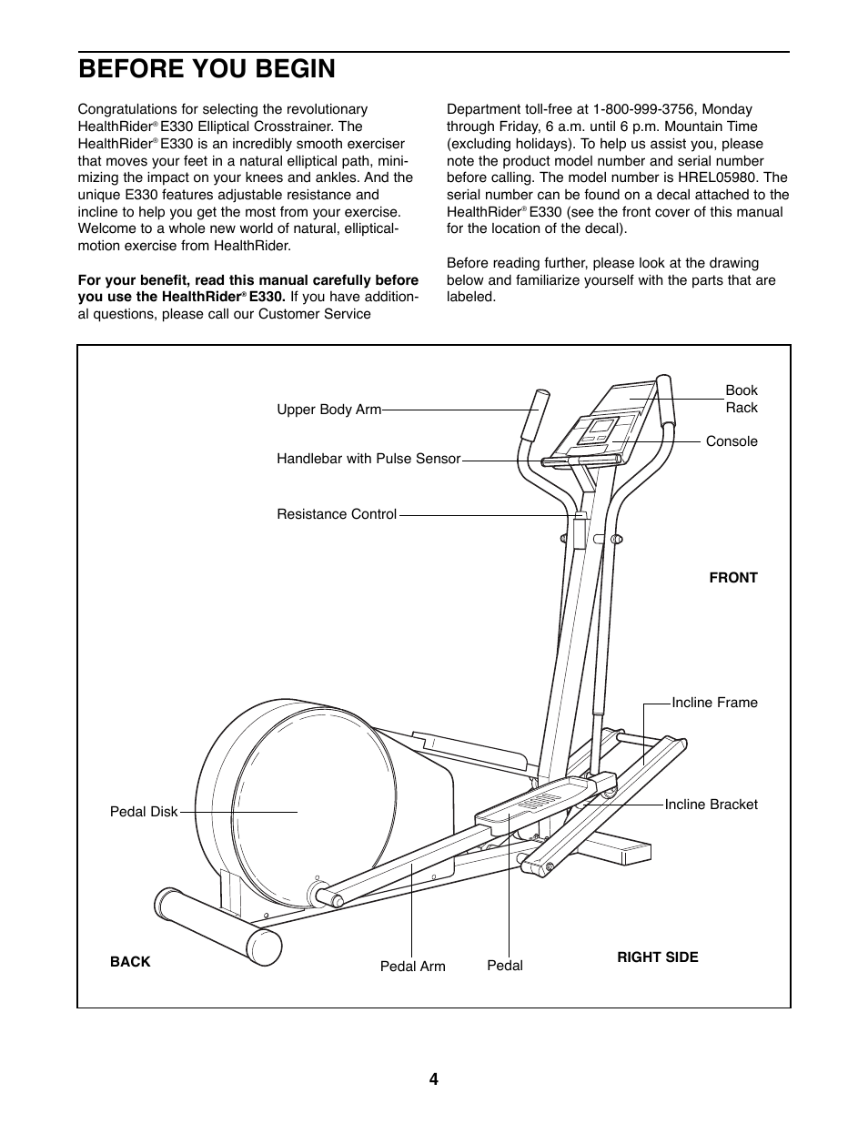 Before you begin | Healthrider HREL05980 User Manual | Page 4 / 16