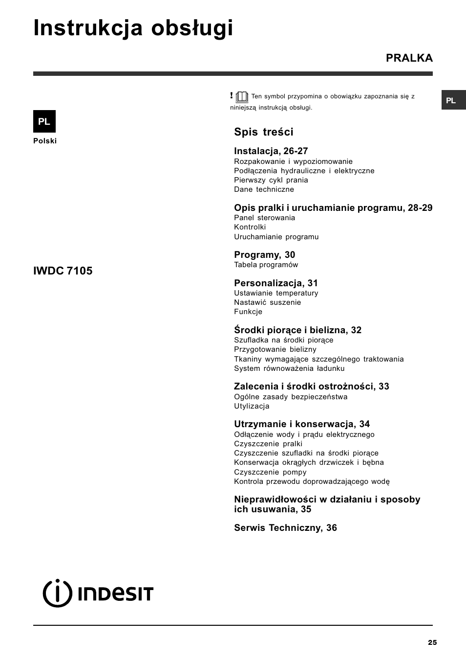 Instrukcja obs³ugi, Spis treci, Iwdc 7105 | Pralka | Indesit IWDC 7105 User Manual | Page 25 / 60