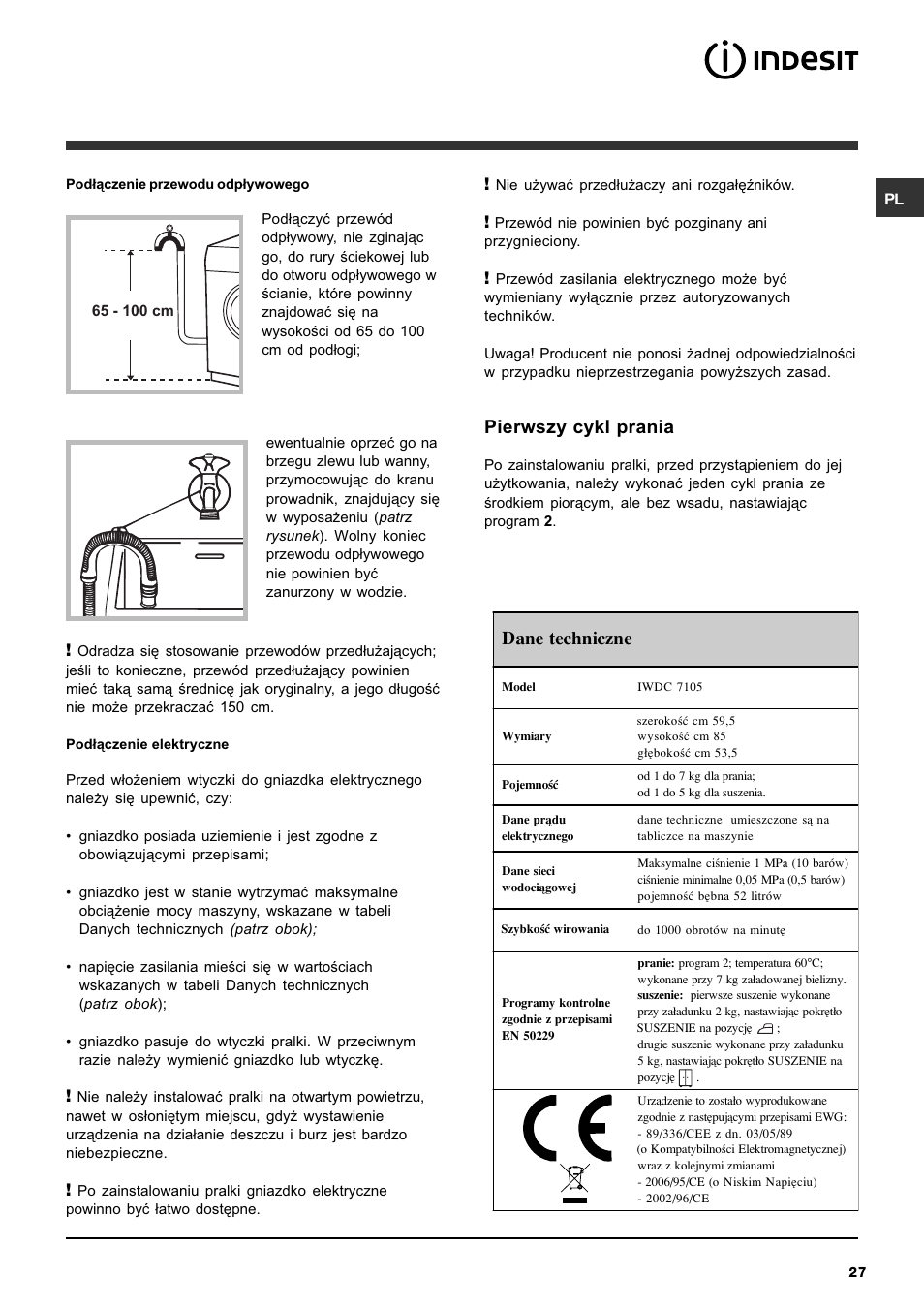 Pierwszy cykl prania, Dane techniczne | Indesit IWDC 7105 User Manual | Page 27 / 60