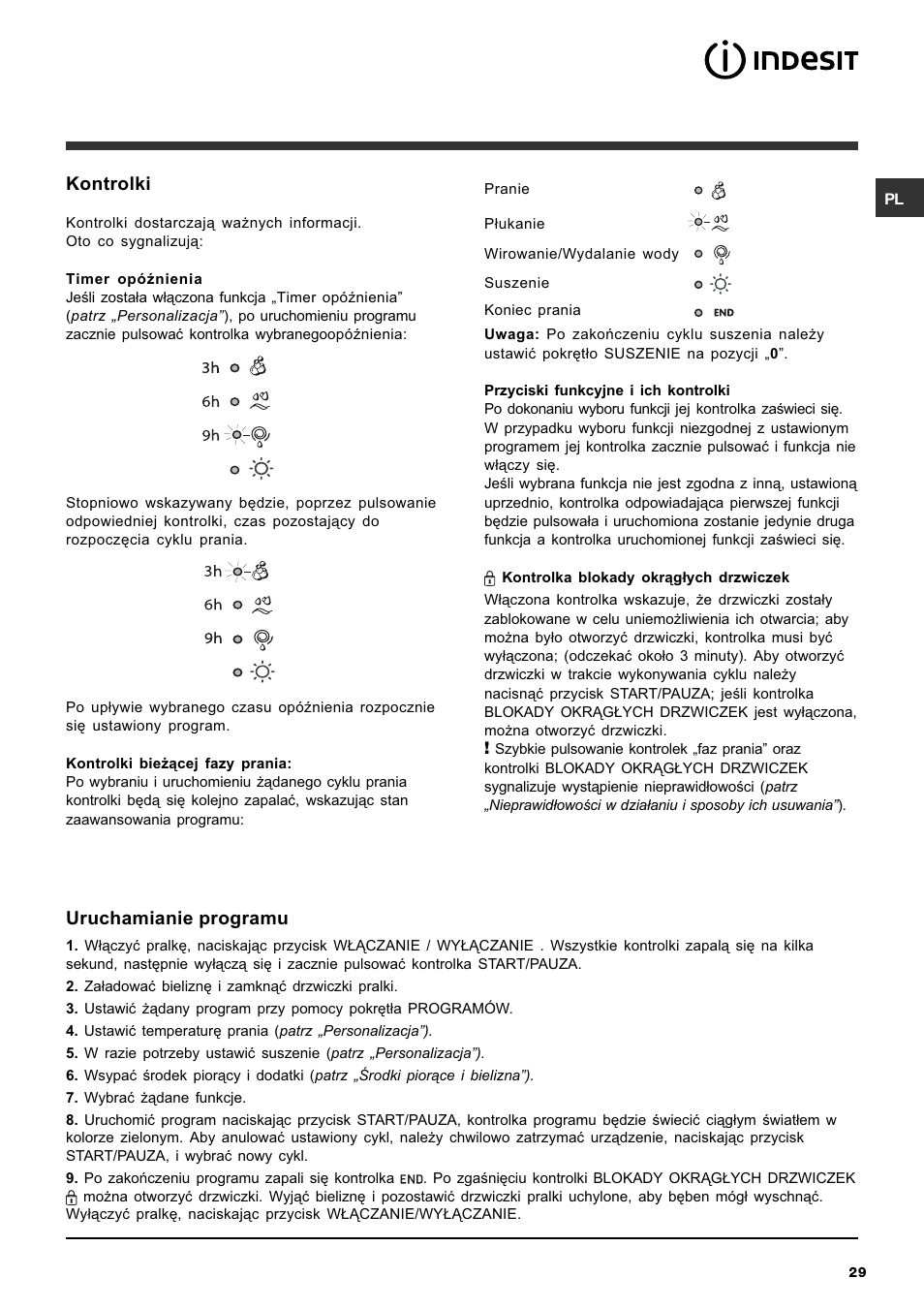 Kontrolki, Uruchamianie programu | Indesit IWDC 7105 User Manual | Page 29 / 60