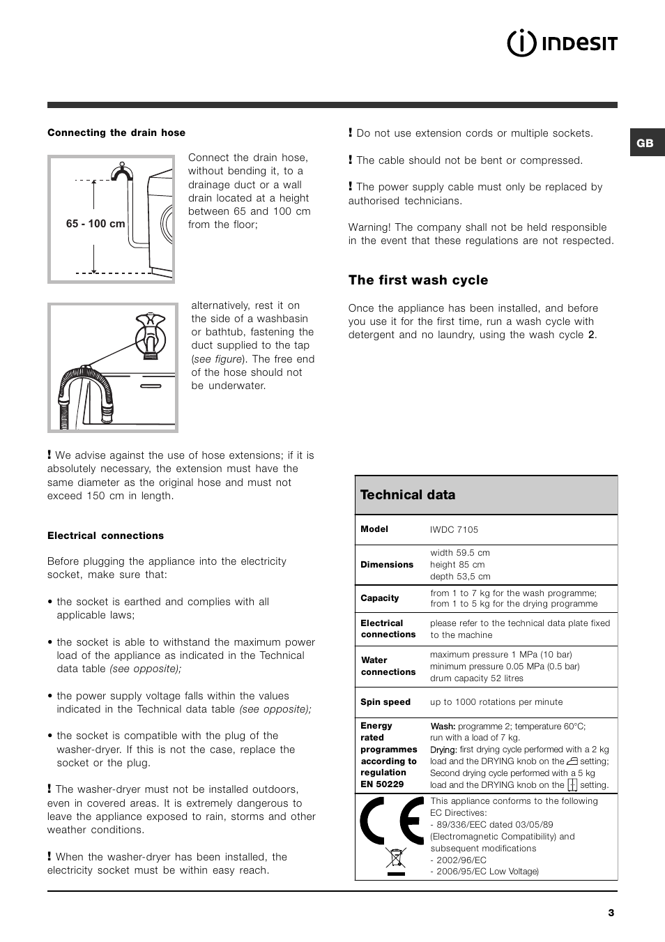 Technical data, The first wash cycle | Indesit IWDC 7105 User Manual | Page 3 / 60