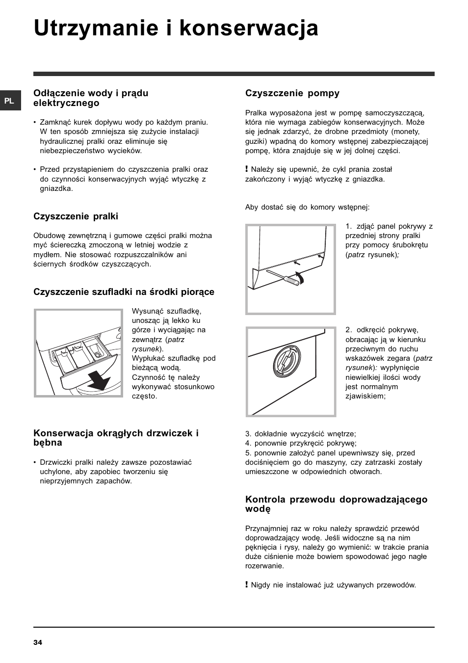 Utrzymanie i konserwacja | Indesit IWDC 7105 User Manual | Page 34 / 60