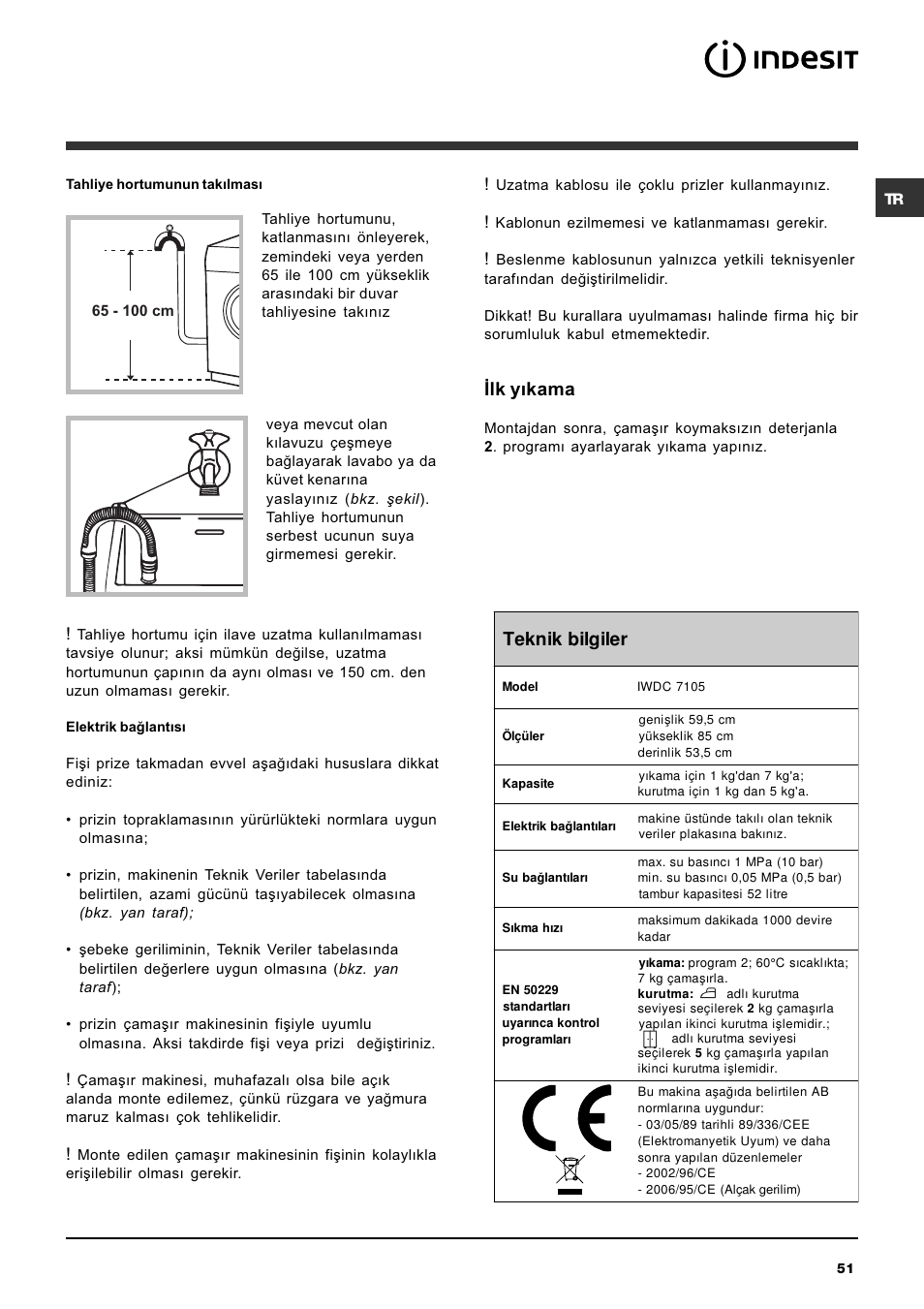 Ýlk yýkama, Teknik bilgiler | Indesit IWDC 7105 User Manual | Page 51 / 60