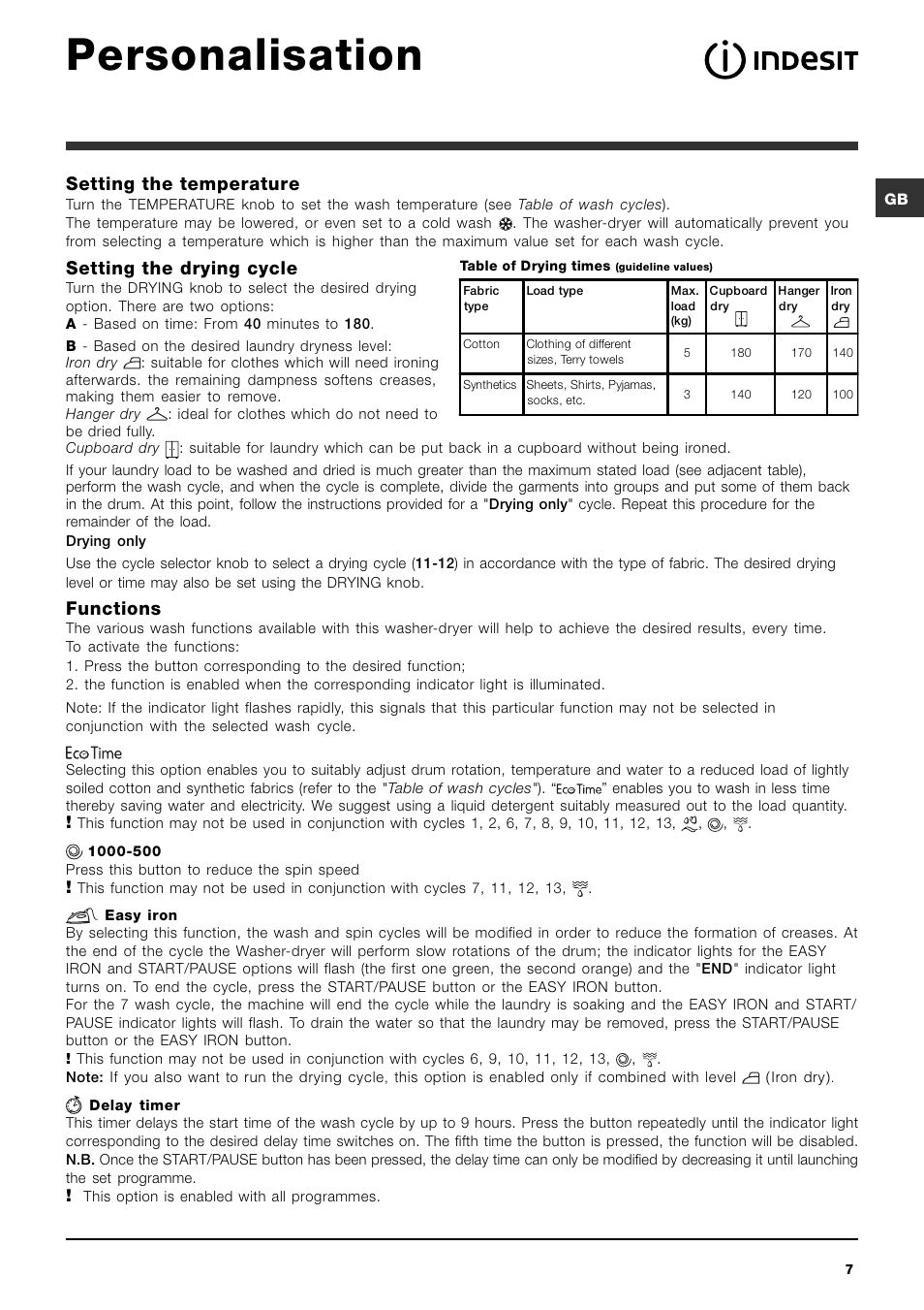 Personalisation, Setting the temperature, Setting the drying cycle | Functions | Indesit IWDC 7105 User Manual | Page 7 / 60