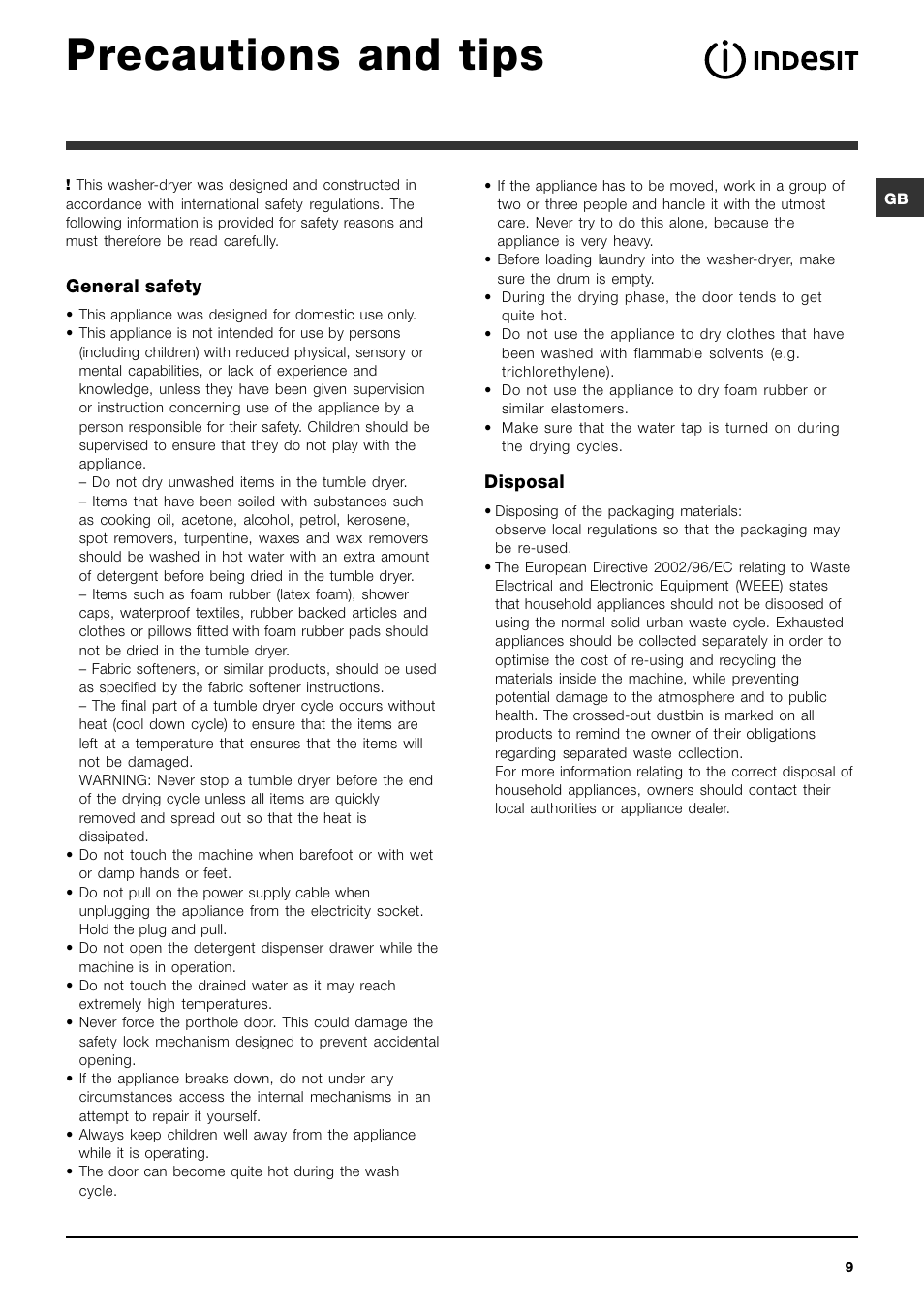 Precautions and tips, General safety, Disposal | Indesit IWDC 7105 User Manual | Page 9 / 60