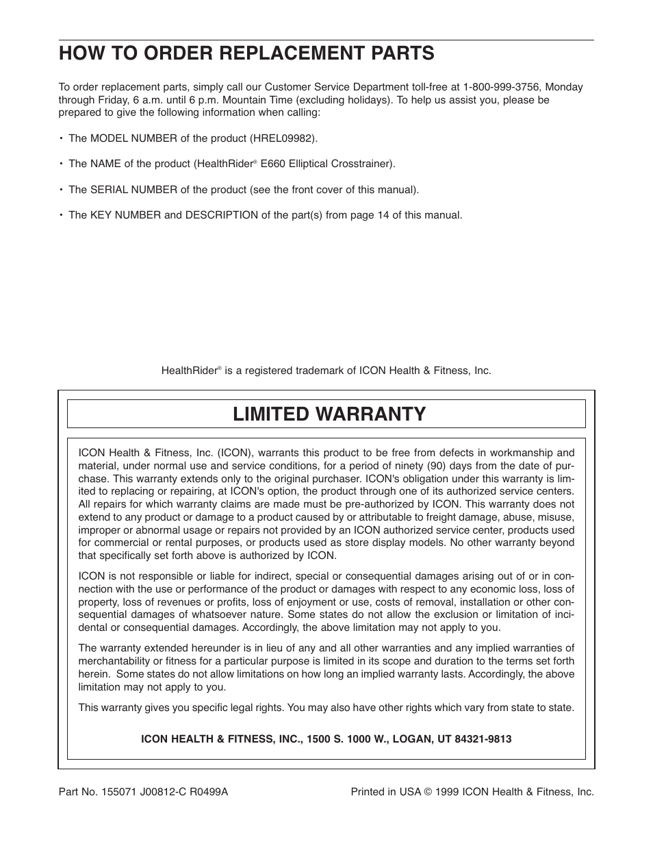 How to order replacement parts, Limited warranty | Healthrider E660 HREL09982 User Manual | Page 16 / 16