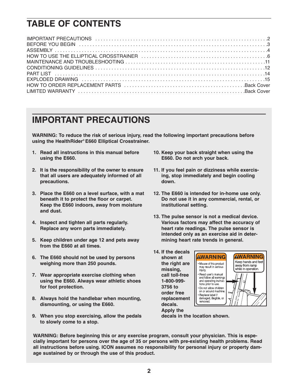Healthrider E660 HREL09982 User Manual | Page 2 / 16