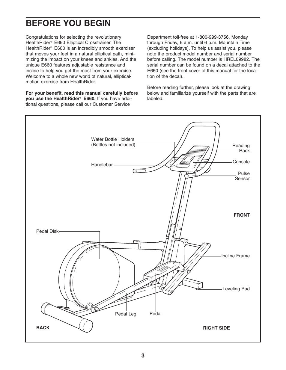 Before you begin | Healthrider E660 HREL09982 User Manual | Page 3 / 16