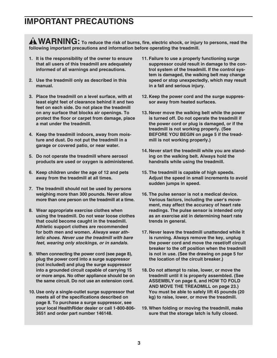 Warning, Important precautions | Healthrider HRTL16940 User Manual | Page 3 / 34