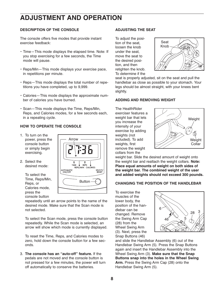 Adjustment and operation | Healthrider HRCR9155.0 User Manual | Page 8 / 16
