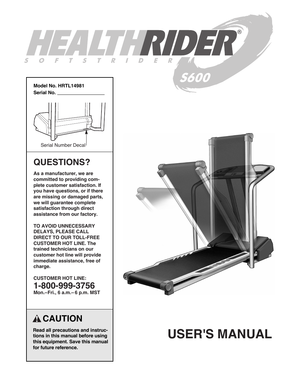 Healthrider SOFTSTRIDER S600 Treadmill HRTL14981 User Manual | 22 pages