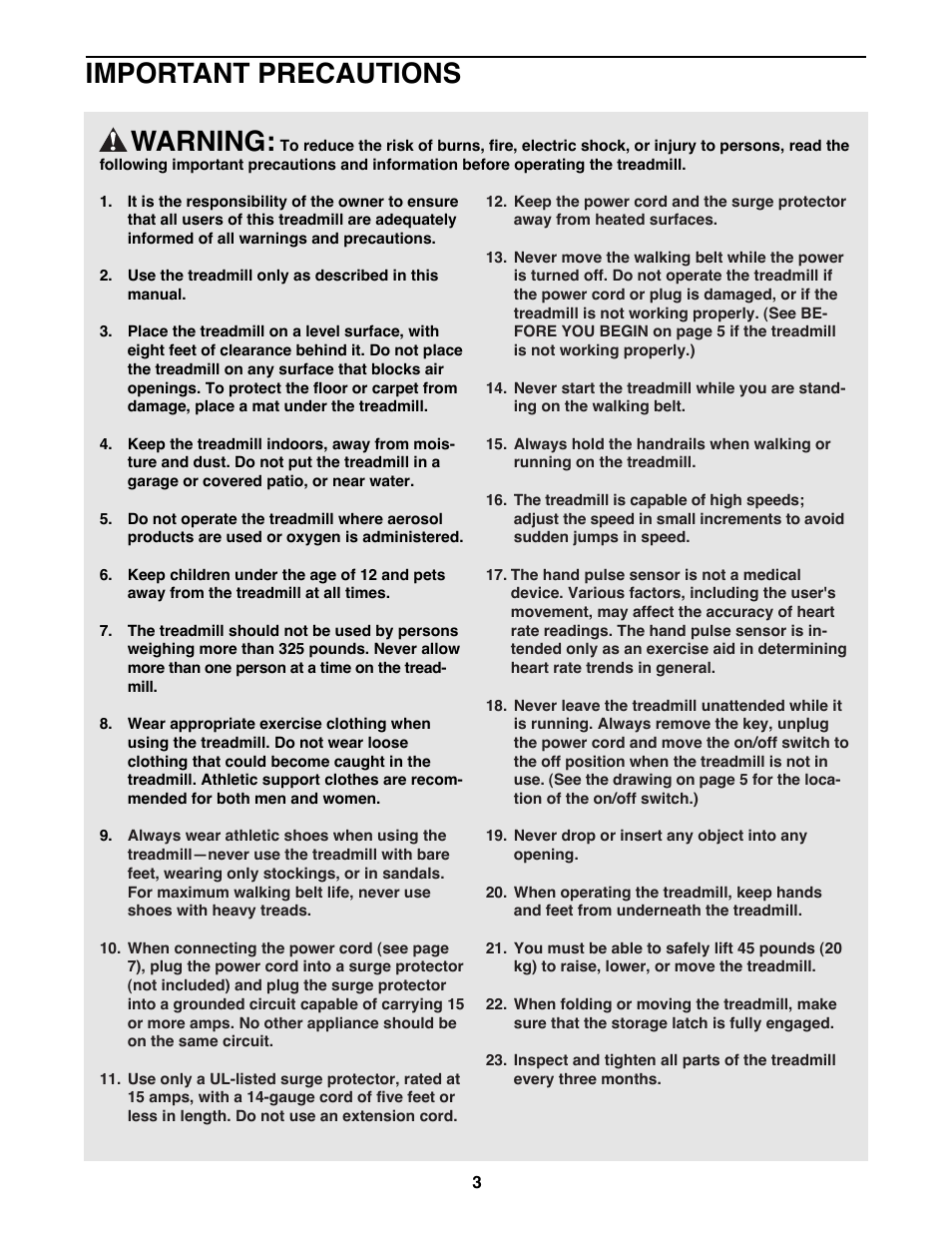 Warning, Important precautions | Healthrider SOFTSTRIDER S600 Treadmill HRTL14981 User Manual | Page 3 / 22