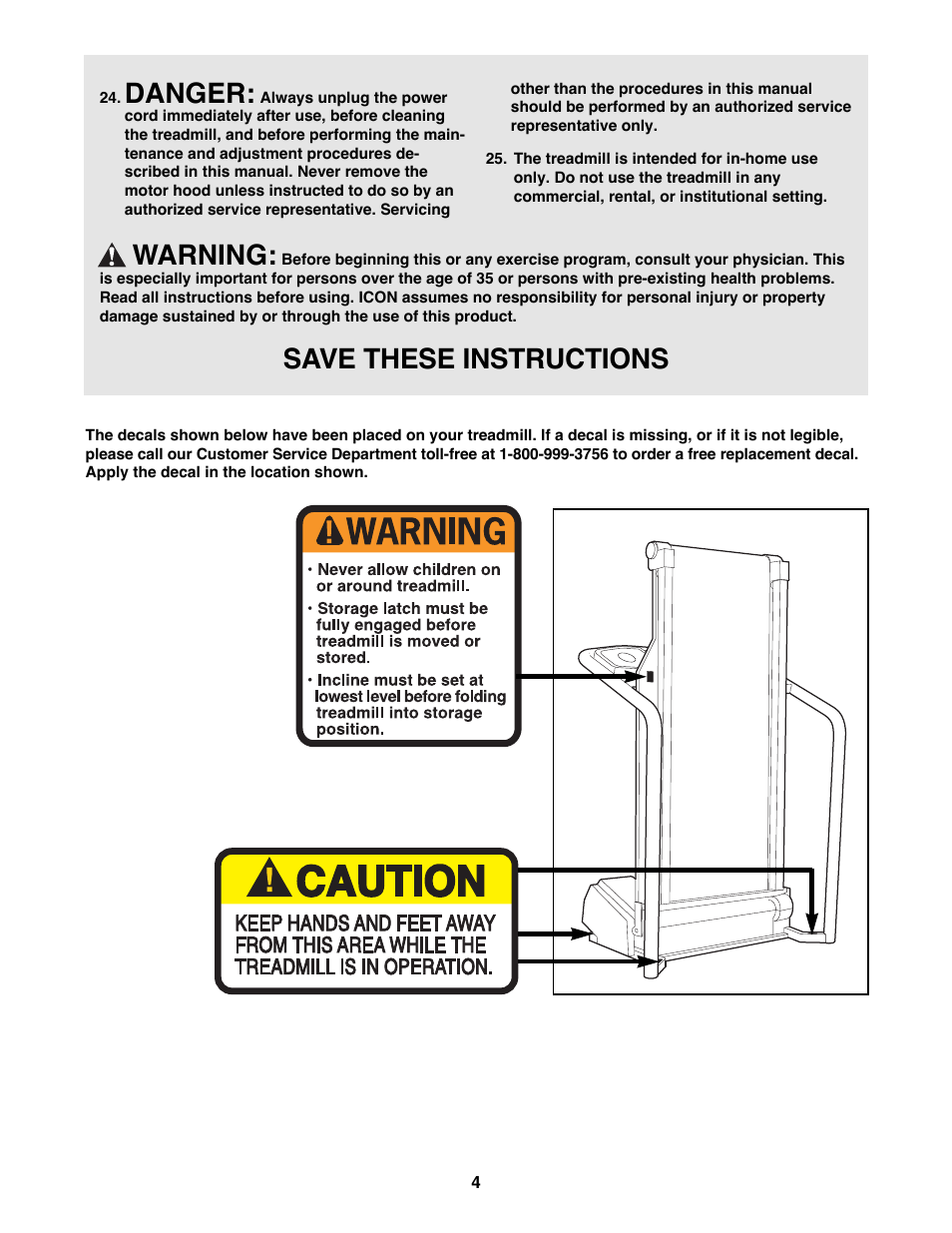 Danger, Warning, Save these instructions | Healthrider SOFTSTRIDER S600 Treadmill HRTL14981 User Manual | Page 4 / 22