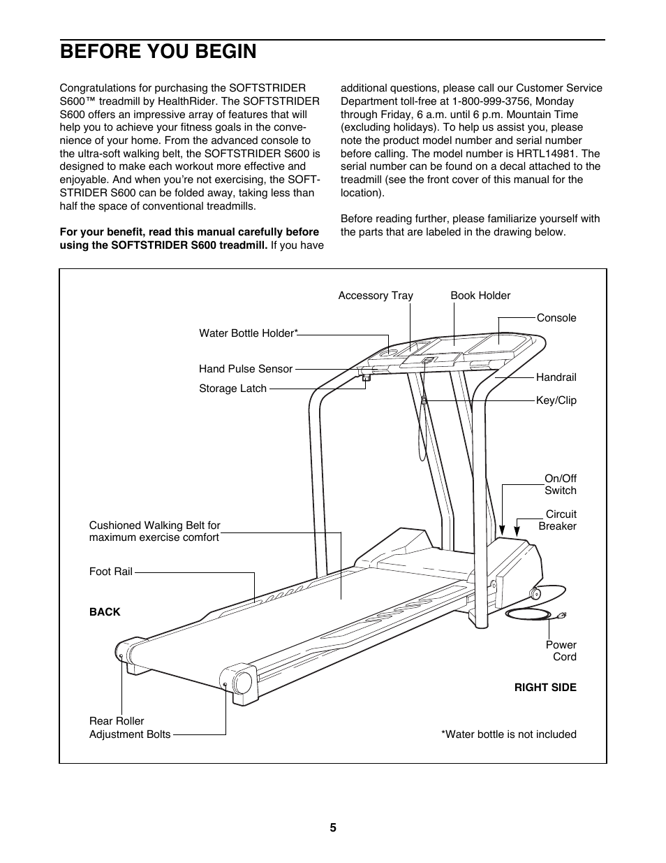 Before you begin | Healthrider SOFTSTRIDER S600 Treadmill HRTL14981 User Manual | Page 5 / 22