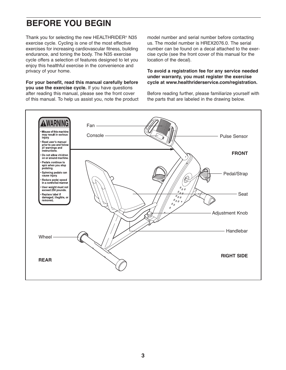 Before you begin | Healthrider N35 HREX2076.0 User Manual | Page 3 / 16