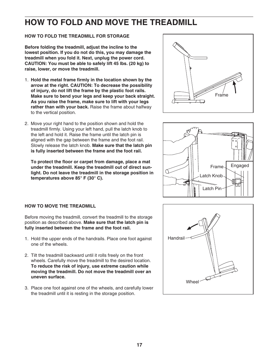 How to fold and move the treadmill | Healthrider H500i User Manual | Page 17 / 28