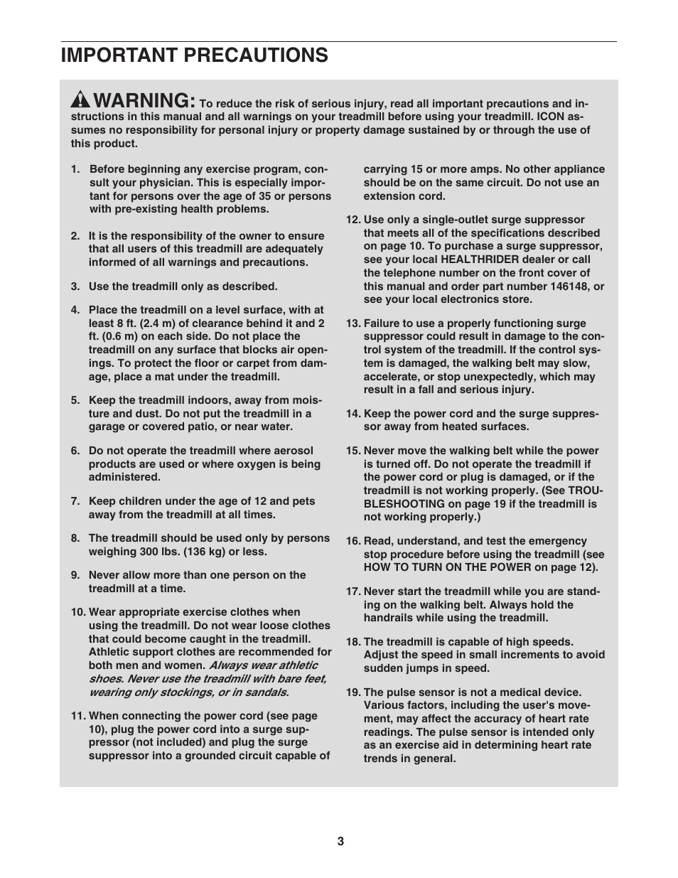 Warning, Important precautions | Healthrider H500i User Manual | Page 3 / 28