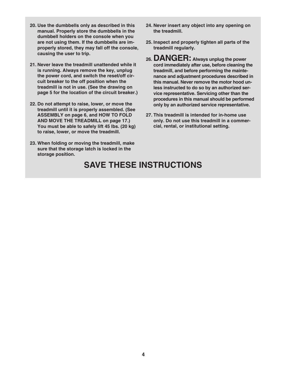 Danger, Save these instructions | Healthrider H500i User Manual | Page 4 / 28