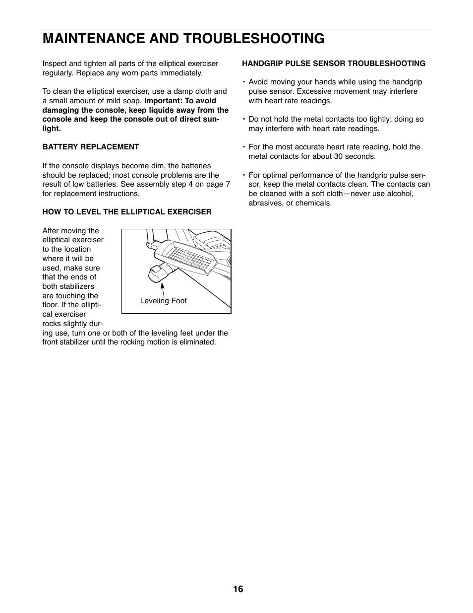 Maintenance and troubleshooting | Healthrider C535E Elliptical Exerciser HREL32907.0 User Manual | Page 16 / 24