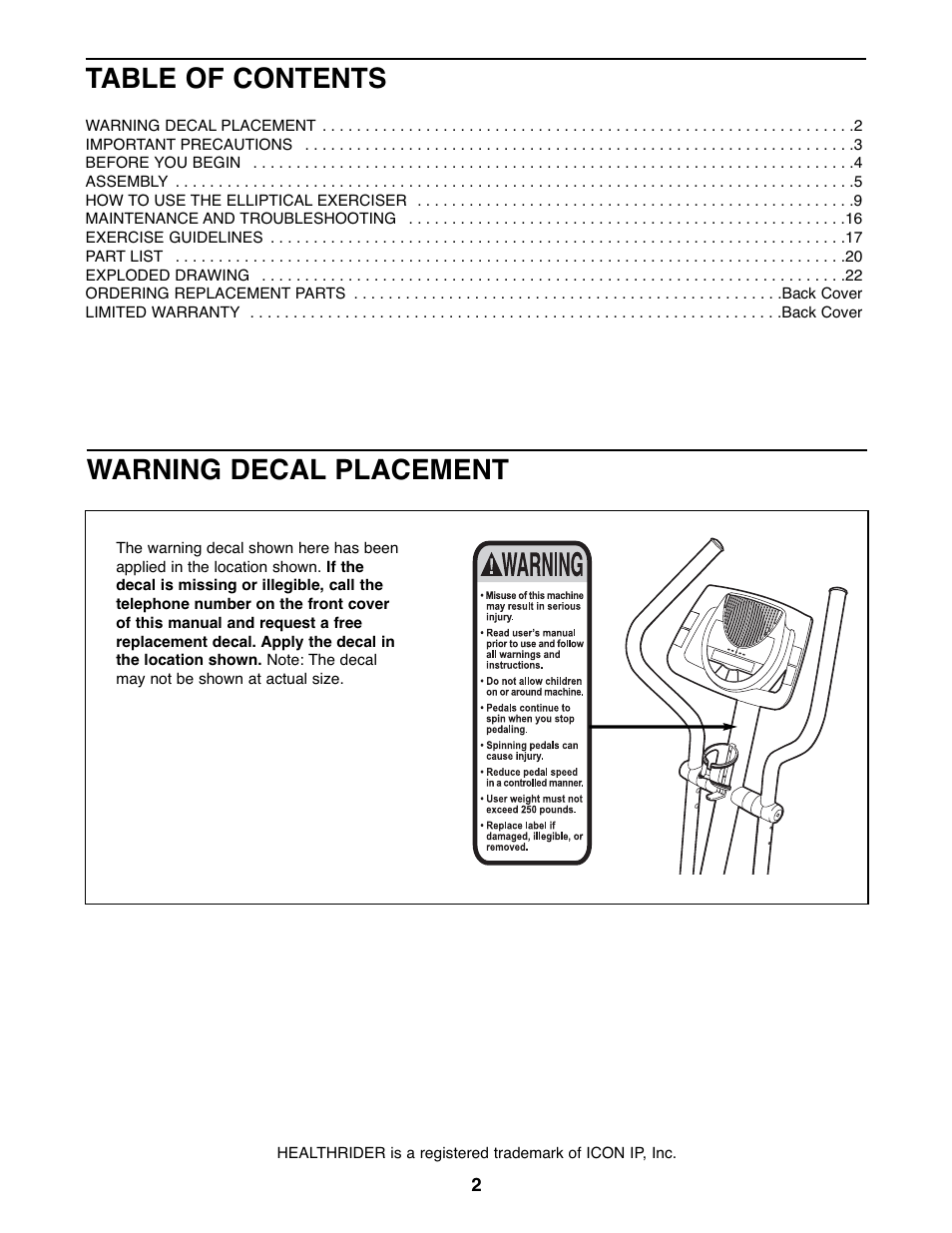 Healthrider C535E Elliptical Exerciser HREL32907.0 User Manual | Page 2 / 24